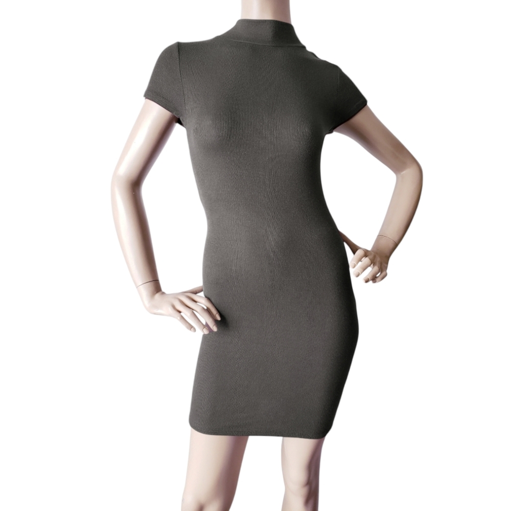 Heart & Hips Dark Green Ribbed High Collar Bodycon Dress
